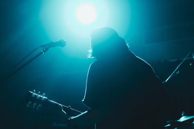 rear view of man playing guitar at concert