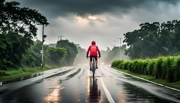 Rear view of man riding bicycle on wet road during rainy season