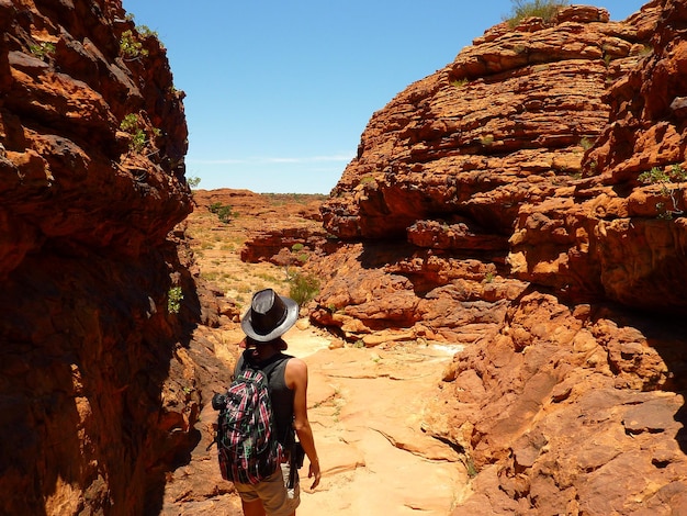 Rear view of man on rock against sky