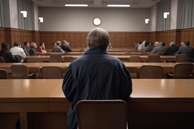 Rear view of a man sitting in front of a group of people in the conference hall A court attorney lawyer full rear view inside court AI Generated