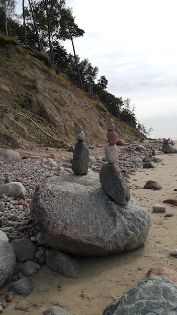 Photo rear view of man sitting on rock at beach against sky