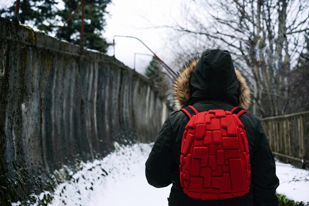 Foto vista posteriore di un uomo nella neve contro gli alberi durante l'inverno