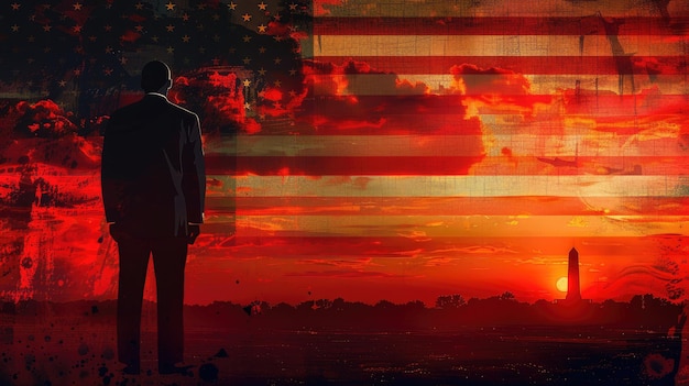 A rear view of a man standing against the background of America