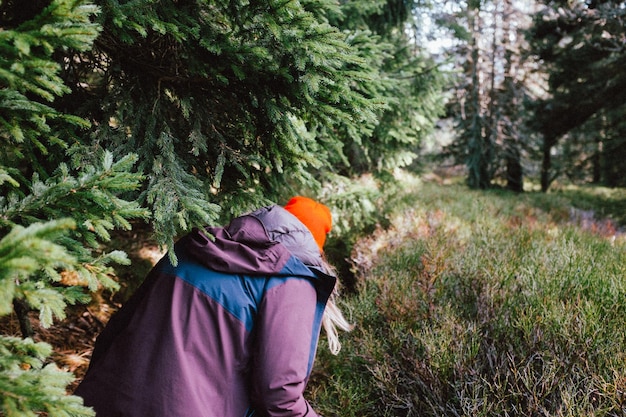 Rear view of man standing amidst trees in forest