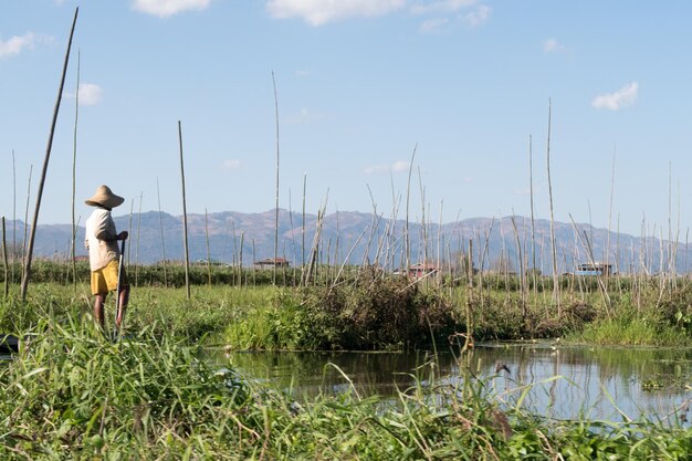 Foto vista posteriore di un uomo in piedi vicino al lago contro il cielo