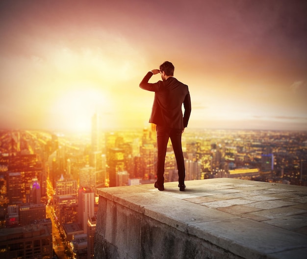 Rear view of man standing in city against sky during sunset