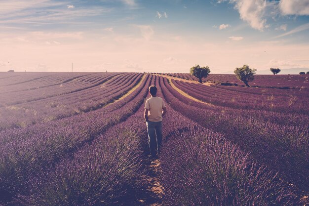 Photo rear view of man standing on field against sky