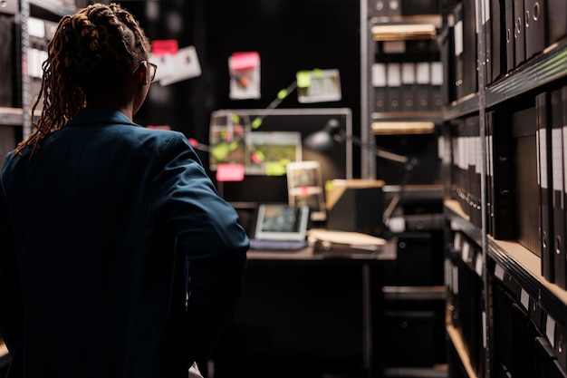 Rear view of man standing in library