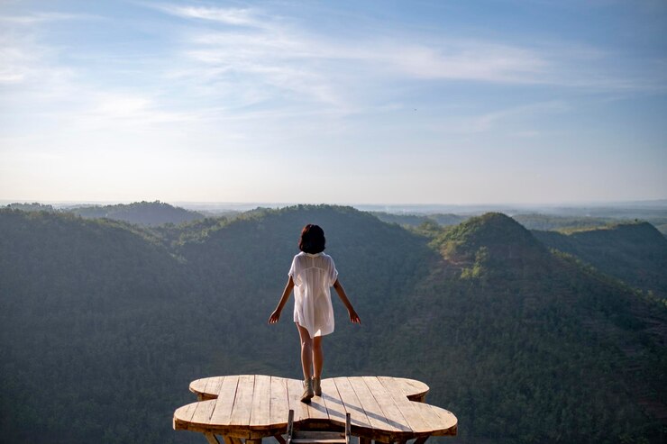 Photo 空の向こうの山の上に立っている男の後ろの景色