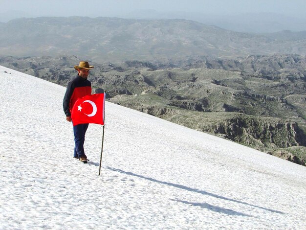 Rear view of man standing on mountain road