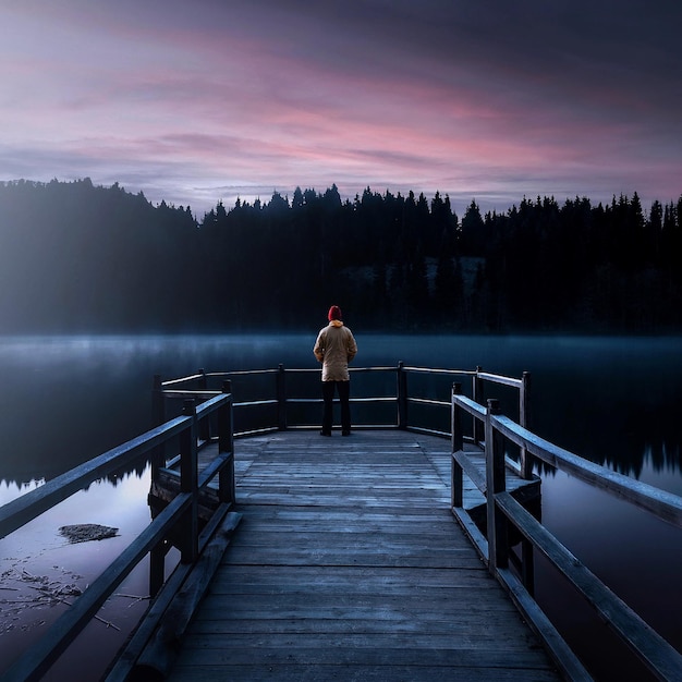 Rear view of man standing on pier over lake against sky during sunset