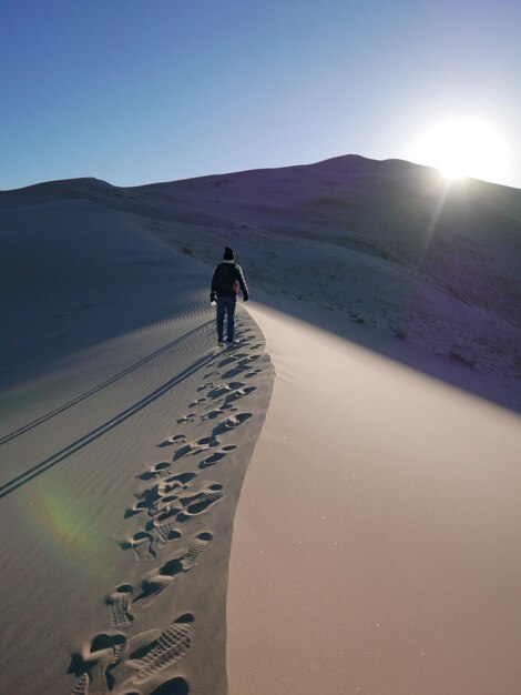 Rear view of man standing on sandy desert against sky