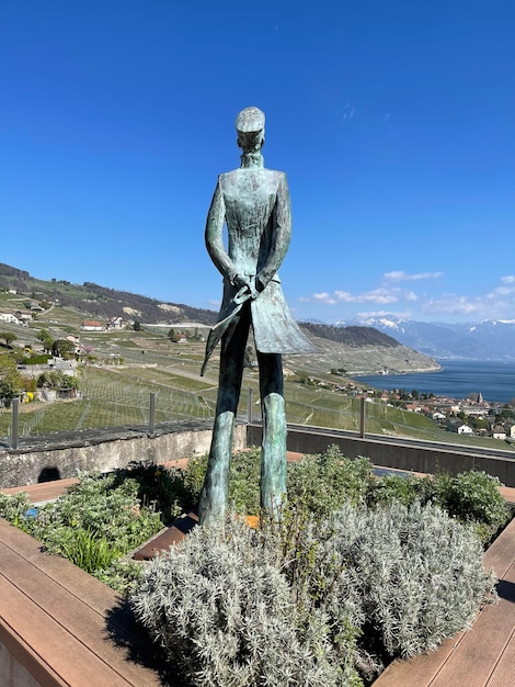 Foto vista posteriore di un uomo in piedi sul mare contro un cielo blu limpido