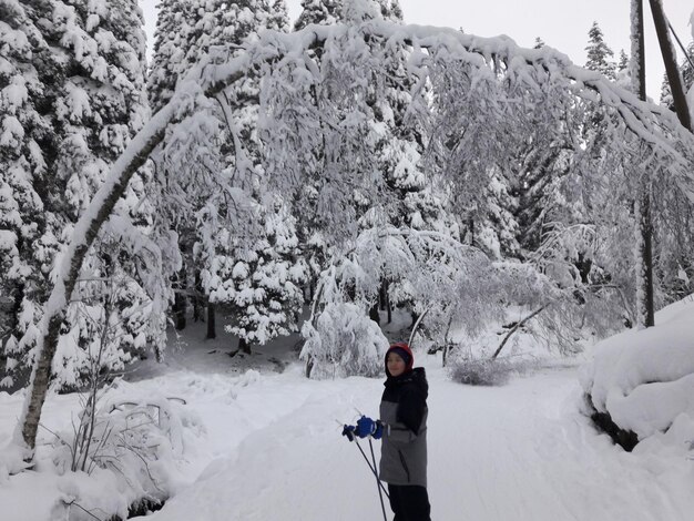 Rear view of man standing on snow covered mountain