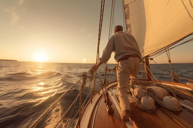 Rear view of man standingof sailing yacht during sunset with AI generated