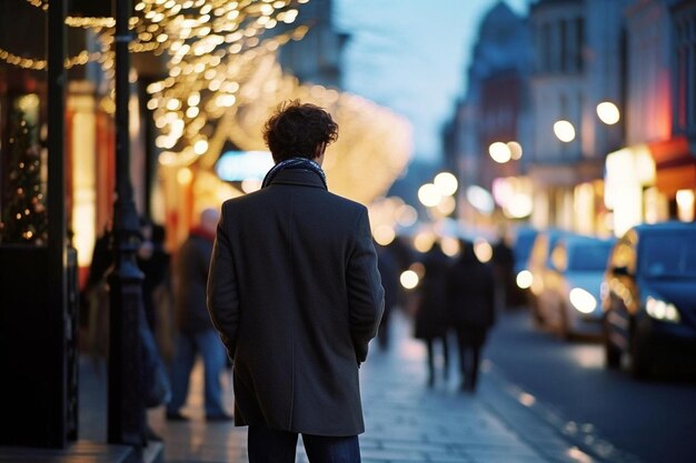 rear view of man talking on phone in street