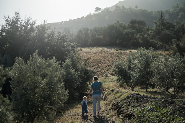 Rear view of man walking on field