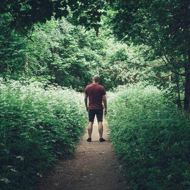 Rear view of man walking on footpath amidst trees in forest