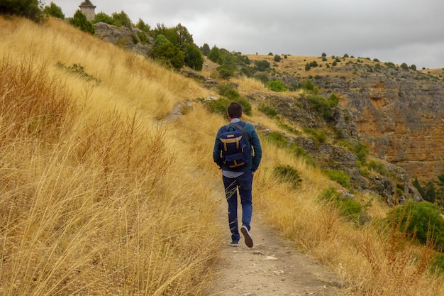 Photo rear view of man walking on trail