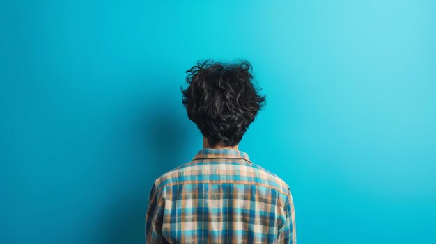 Rear view of a man wearing a plaid shirt standing in front of a blue background The man is looking at something or someone