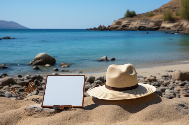 Rear view Man in white shirt and hat on beach with blank tablet
