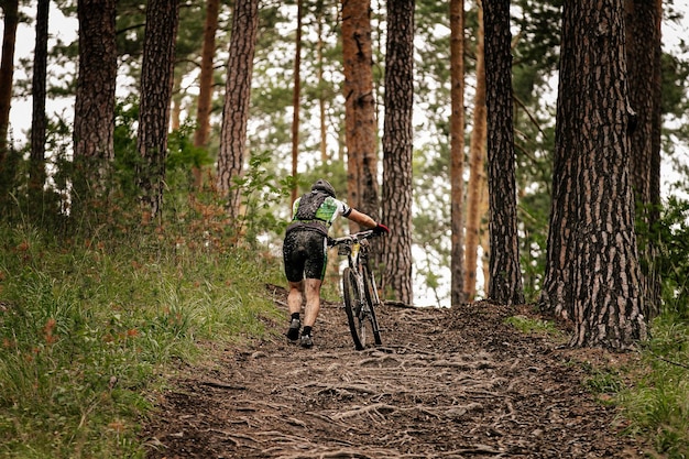 Rear view of man with bicycle in forest
