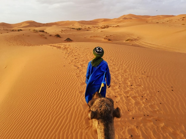 rear view of man with camel walking on desert