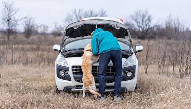 Rear view of man with cute dog repairing car on field