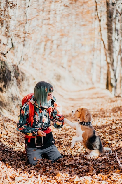 野原で犬を飼っている男の後ろの景色