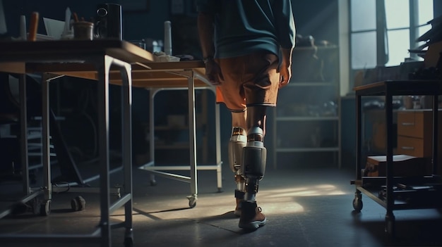 Rear view of man with prosthetic leg Generative Ai