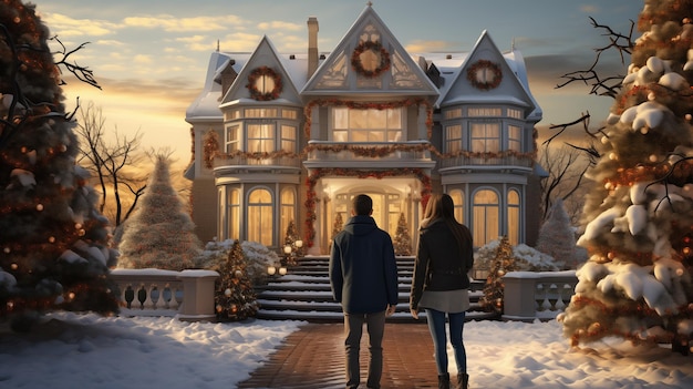 Rear view of a man and woman against the background of a beautiful snowcovered country house