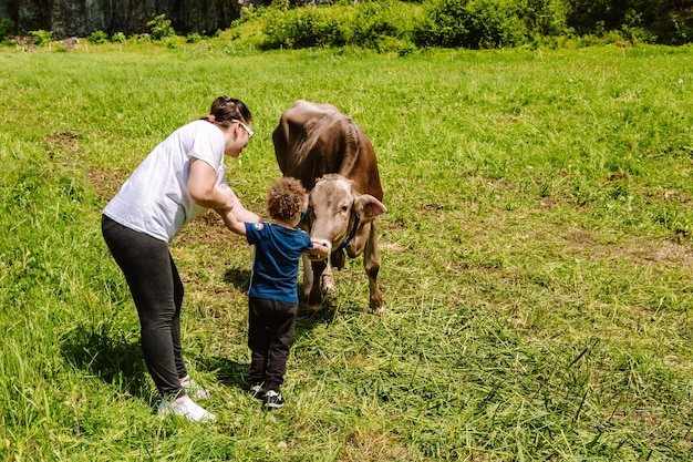 Foto vista posteriore di uomini con il cane sul campo