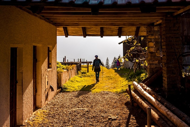 Foto vista posteriore di una donna adulta che cammina su un campo erboso