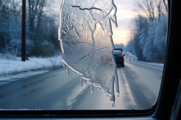 Rear view mirror encased in ice during storm created with generative ai
