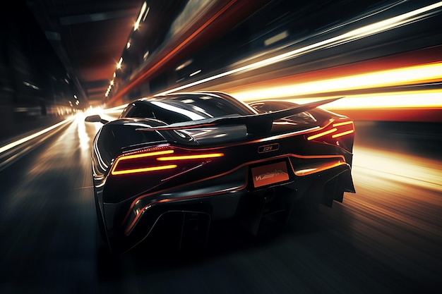 Photo rear view on modern sports car in fast motion with blurred traffic lights at night