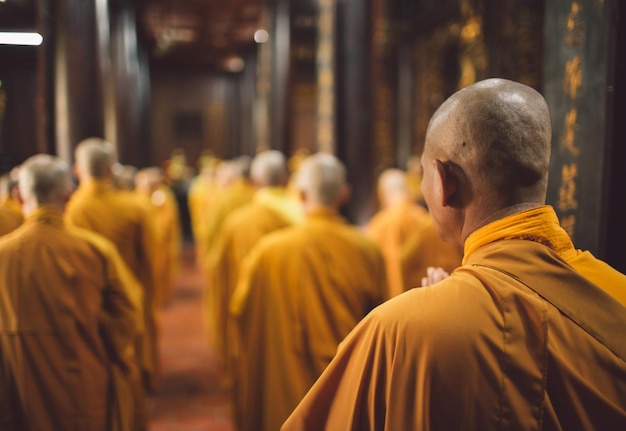 Photo rear view of monks standing at temple