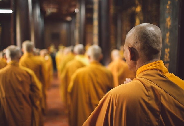 Rear view of monks standing at temple