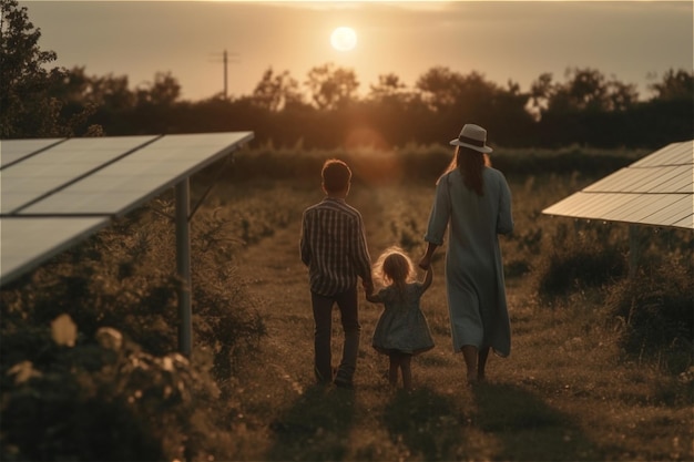 Rear view of mother with kids walk near solar panels in sunset field Generative AI