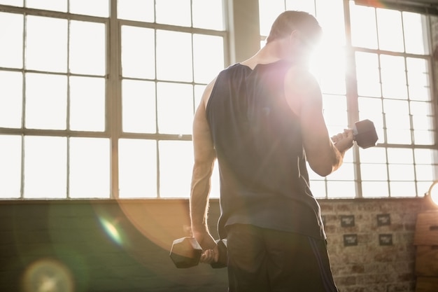 Rear view of muscular man lifting dumbbell