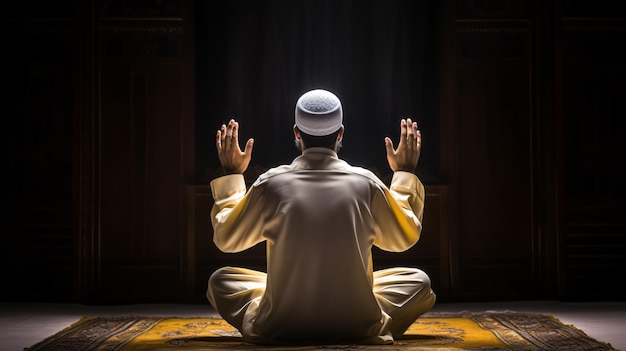 Rear view of a Muslim man sitting while raising hands in prayer