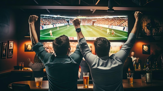 写真 喜びを示す 3 人の男性の背面図 スポーツ バーのテレビでサッカーを見る