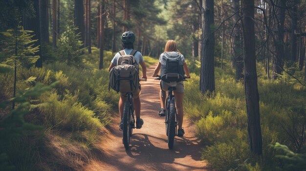 사진 소나무 숲 에서 산악 자전거 를 타고 있는 부부 의 뒷면
