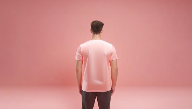 사진 분홍색 배경 에 서 있는 분홍색 티셔츠 를 입은 남자 의 뒷면