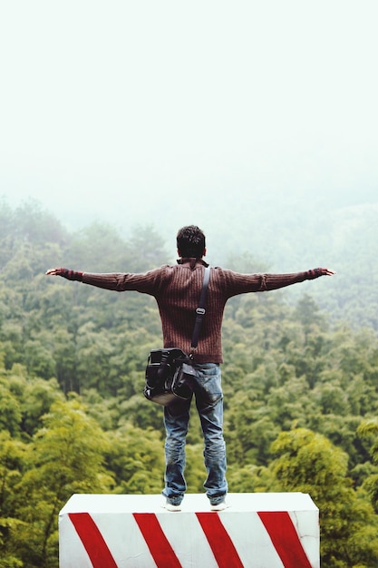 写真 茂った風景を見下ろす男の後ろの景色