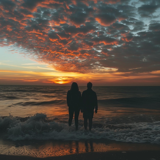 사진 해변 의 물 에 맨발 을 고 있는 성인 부부 가 지평선 을 바라보며 해 가 지는 것 을 감상 하는 후면 모습
