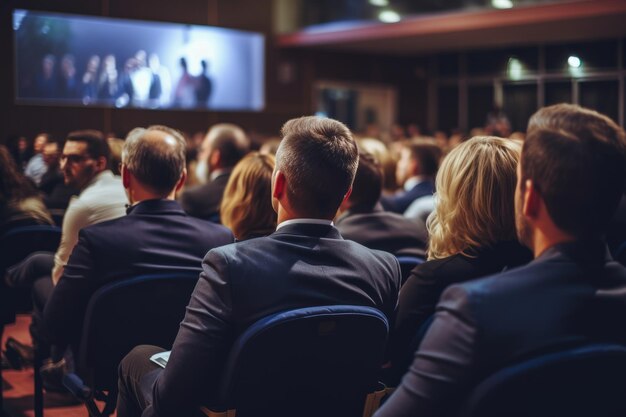 写真 ビジネススピーカーを聴いている会議室の聴衆の後ろの景色