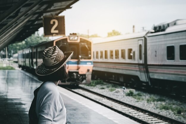 写真 鉄道駅で男の後ろの景色