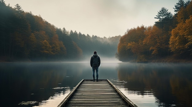 写真 湖で歩いている男の後ろの景色