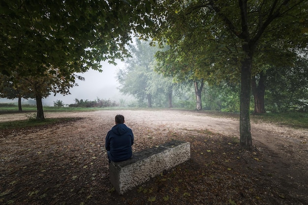 写真 公園の座席に座っている成熟した男性の後ろの景色