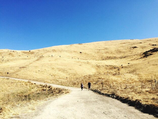 写真 明るい青い空を背景に山の道を歩く人々の後ろの景色